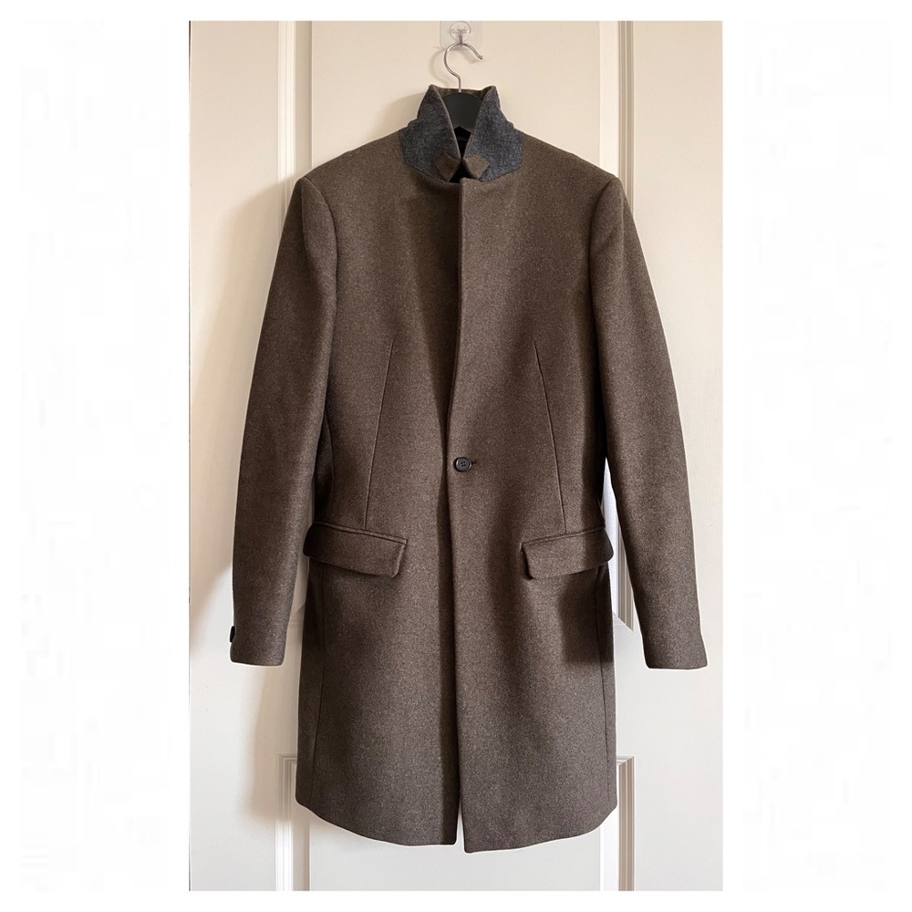 All Saints Single-button Coat in Olive Green w/ Grey Collar